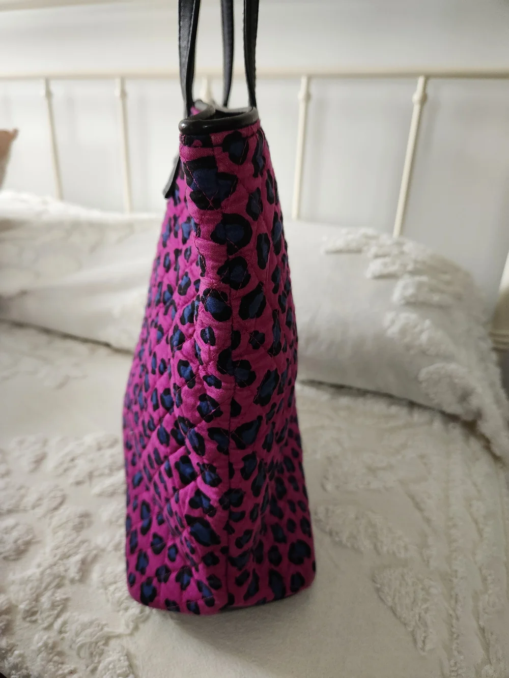 Vera Bradley Bright Pink Leopard Quilted Tote Bag with Black Trim